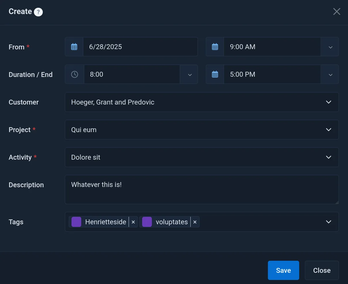 Kimai Create Time Entry